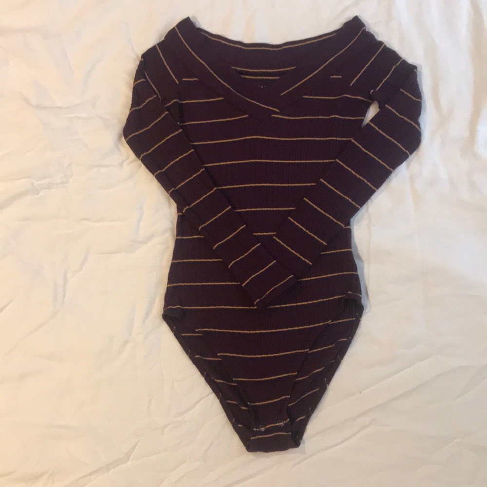 burgundy ribbed stripped bodysuit.